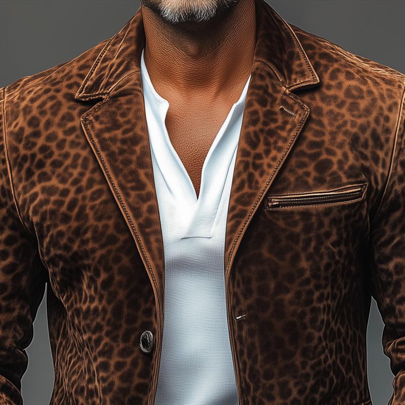 【Envío en 24 horas】Blazer de un solo pecho con solapa con muesca y múltiples bolsillos de ante de leopardo vintage para hombre 51590562Z