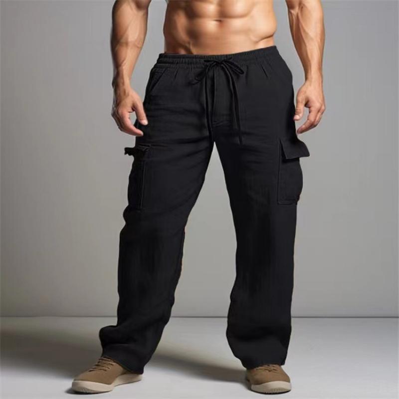 Men's Solid Cotton And Linen Elastic Waist Multi-pocket Casual Pants 09929953Z