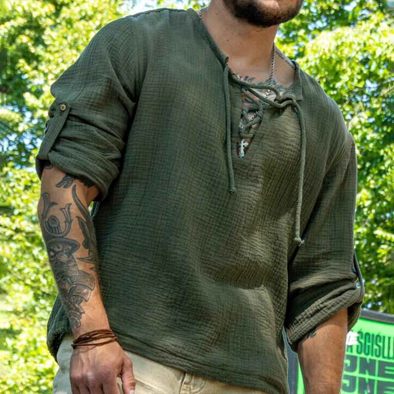 Camicia casual a maniche lunghe da uomo in cotone solido e lino con colletto stringato 94788021Z