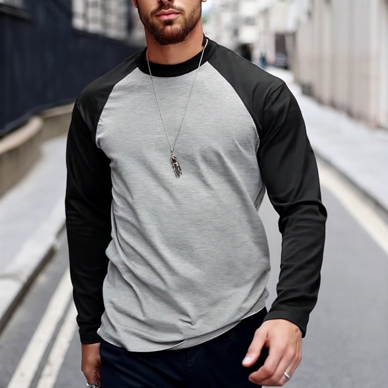 Retro Casual Colorblock Langermet T-skjorte med rund hals for menn 94462898TO
