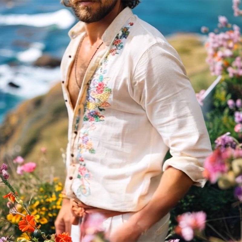 Camicia a maniche lunghe vintage ricamata casual da uomo 42024025TO