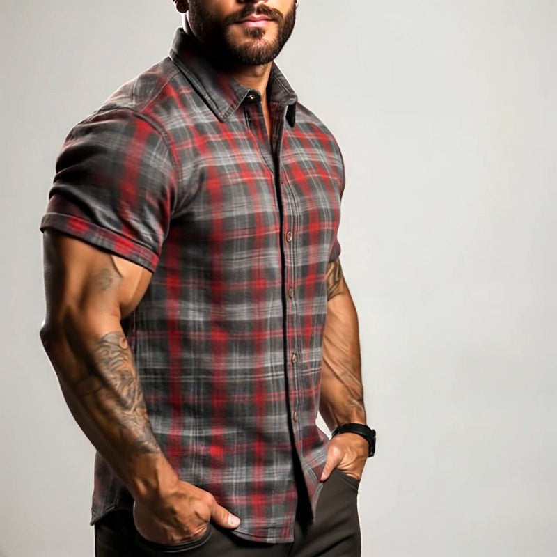Men's Retro Casual Plaid Print Lapel Short Sleeve Shirt MTA1782C7TO