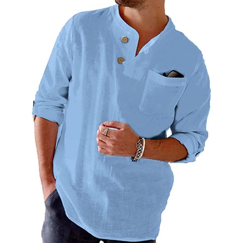 Camicia a maniche lunghe con risvolto, casual, ampia, tinta unita, in cotone e lino, da uomo 77171009X