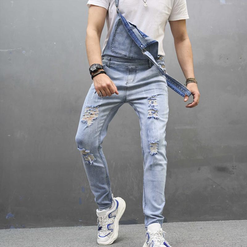 Men's Casual Solid Color Washed Ripped Denim Overalls 04755632Y