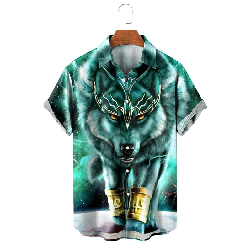 Camicia a maniche corte con stampa lupo e bavero vintage da uomo 87871911M