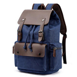 Casual Flap Large Capacity Leather Canvas Backpack Dark Blue Bag