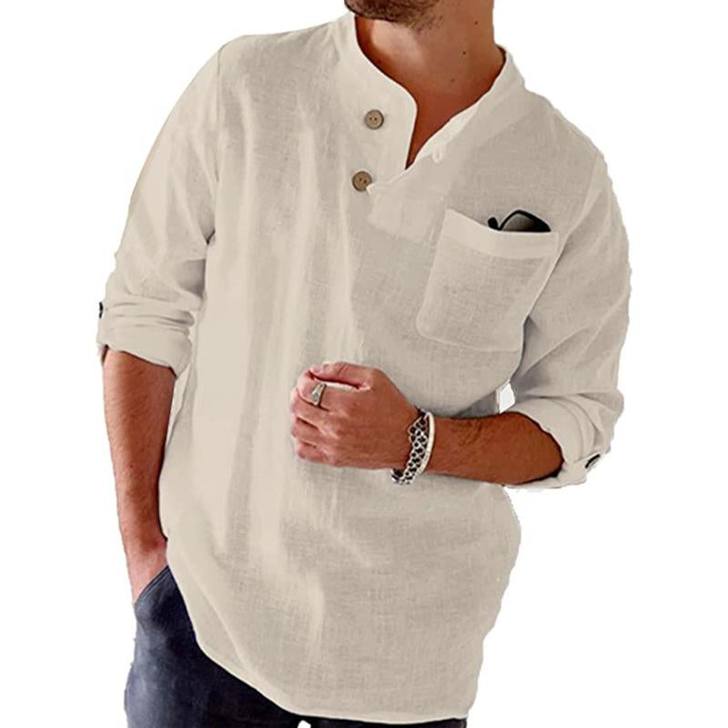 Camicia a maniche lunghe con risvolto, casual, ampia, tinta unita, in cotone e lino, da uomo 77171009X
