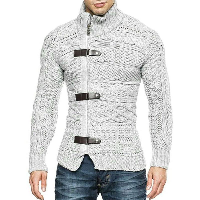 Men's Leather Button Turtleneck Long Sleeve Knit Jacket 05316226M