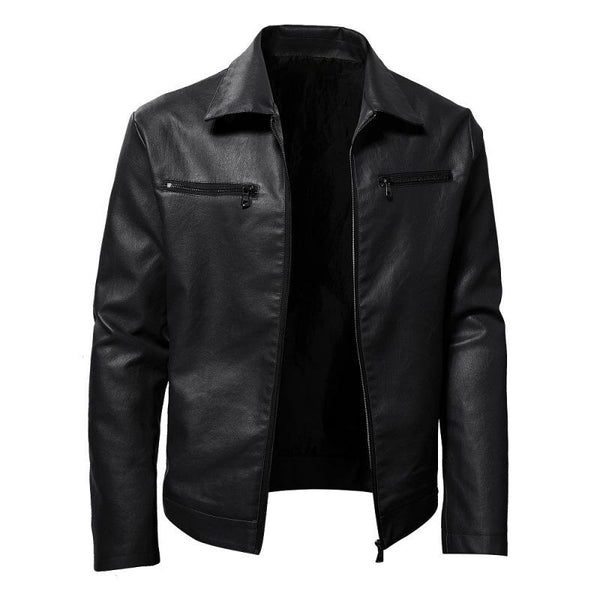 Men's Lapel Collar Zip-Up Leather Jacket 82345117X