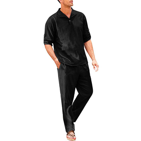 Men's Casual Solid Color Lapel Long Sleeve Shirt Pocket Elastic Waist Trousers Set 08375381M