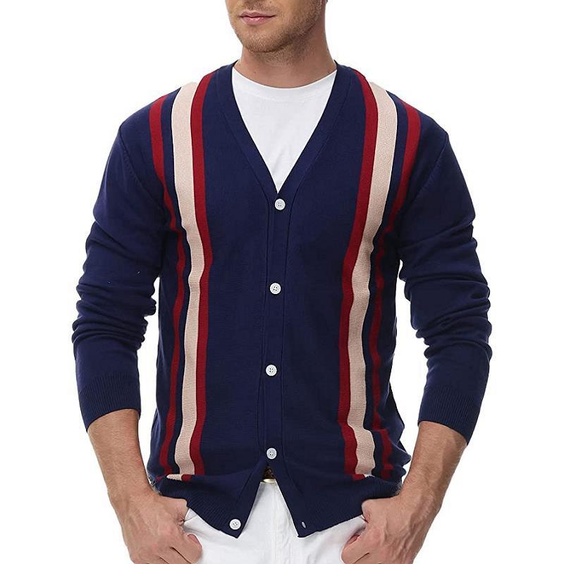 Pull cardigan rayé en tricot à boutonnage simple pour homme 08477989X
