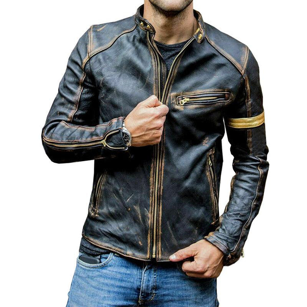 Men's Vintage Stand Collar Zipper Leather Jacket 41470326M