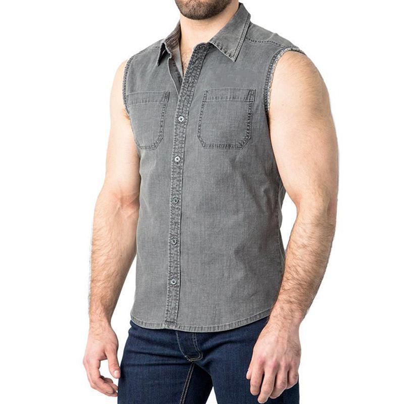 Camicia in denim senza maniche con risvolto vintage da uomo 59950566M