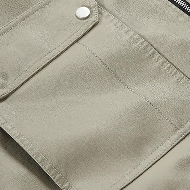 Men's Zipper Stand Collar Colorblock Leather Jacket 99146239X