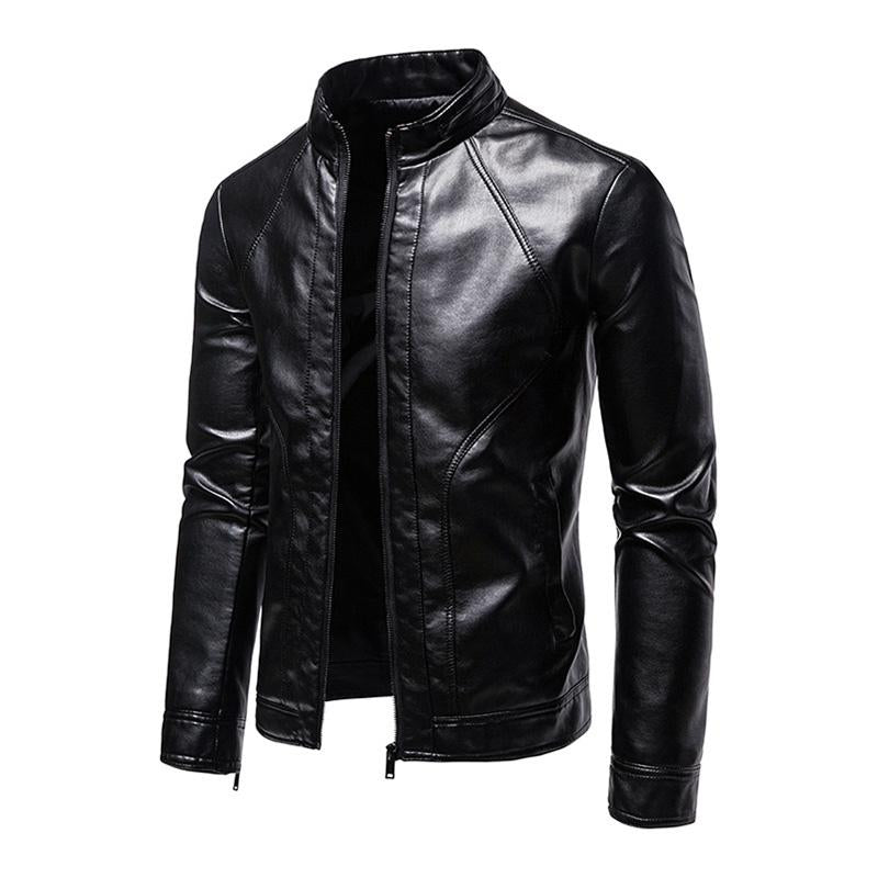 Men's Vintage Slim Stand Collar Panel Leather Biker Jacket 91771623M