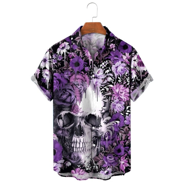 Mens Lapel Skull Print Short Sleeve Shirt 42630633M Shirt(A) / Purple S Shirts & Tops