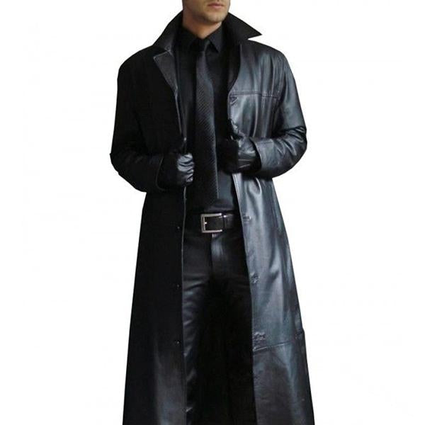 Mens Slim Fit Lapel Solid Leather Long Trench Coat 50851247M Black / S Coats & Jackets