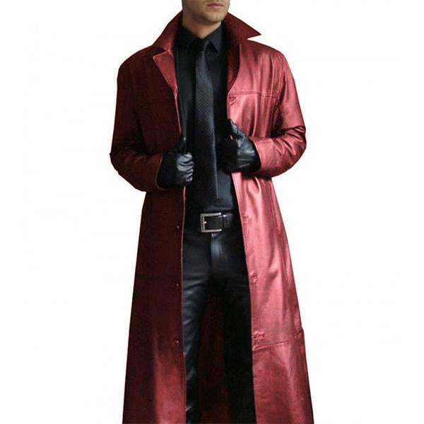 Mens Slim Fit Lapel Solid Leather Long Trench Coat 50851247M Red / S Coats & Jackets