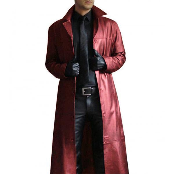 Mens Slim Fit Lapel Solid Leather Long Trench Coat 50851247M Red / S Coats & Jackets