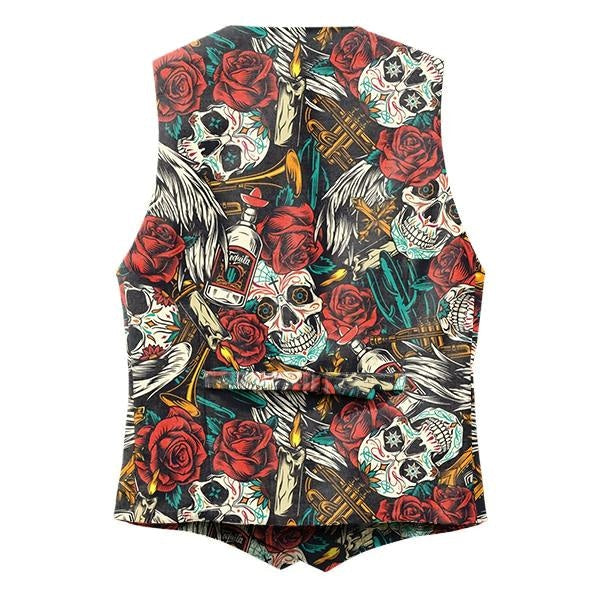 Mens V-Neck Skulls And Roses Print Double Breasted Vest 86959085M Vests