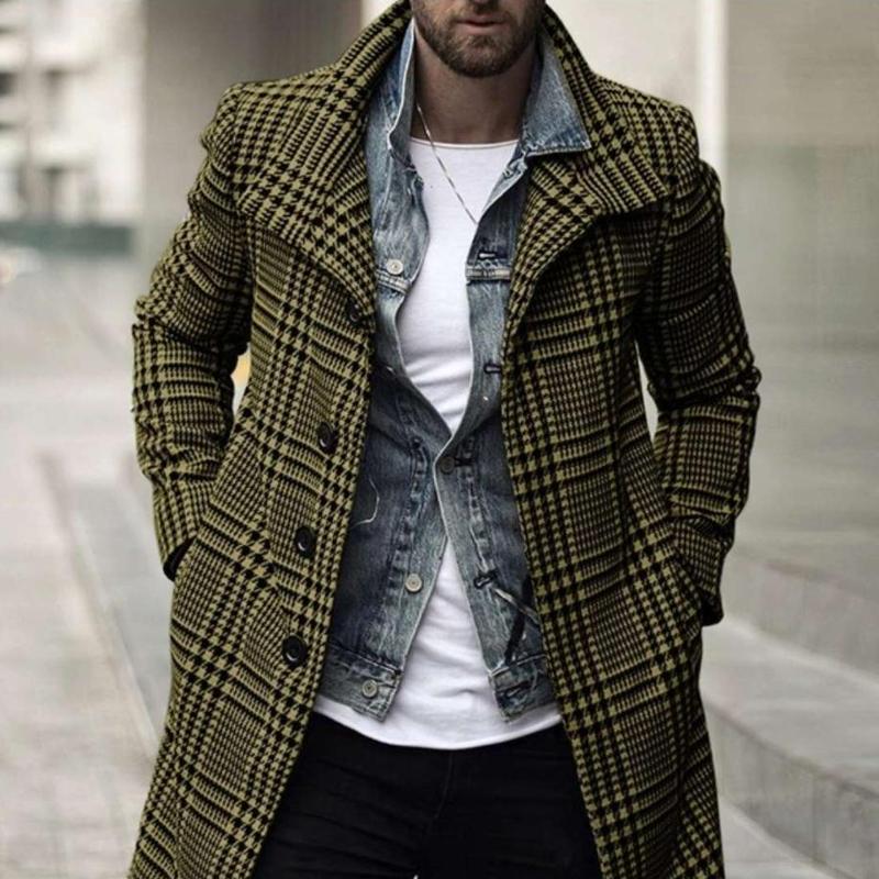 Men's Mid-Length Lapel Fashion Checked Coat 38372224Z