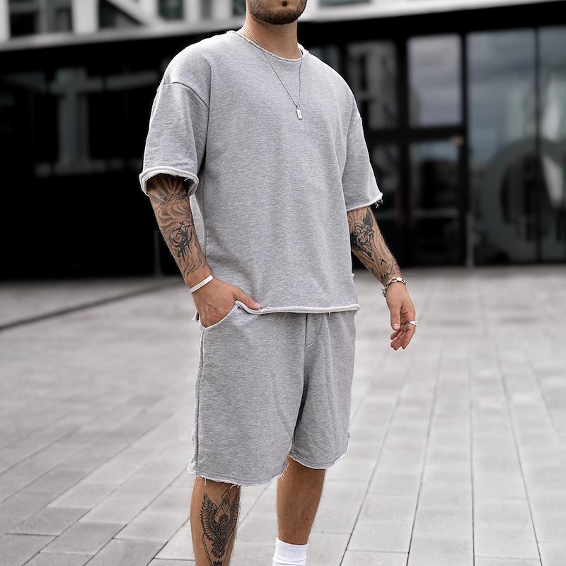 Men's Solid Loose Short Sleeve Rolled T-shirt Shorts Set 79449416Z