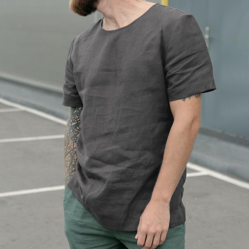 Camiseta de lino y algodón con cuello redondo para hombre 00643051Z