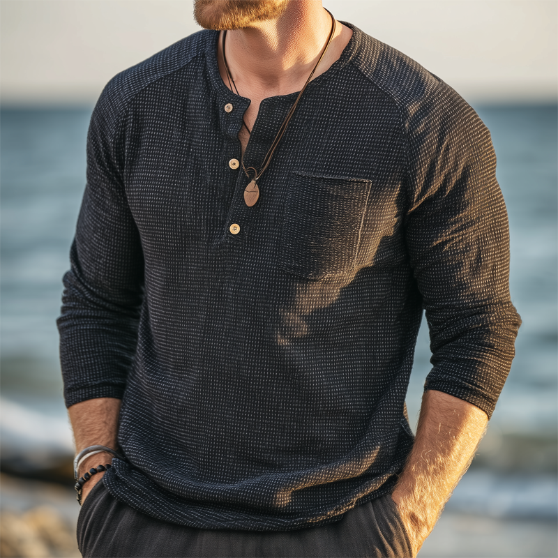 Men's Classic Three-Button Henley Collar Long Sleeve T-Shirt MTA0290H0U