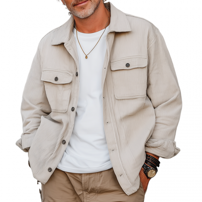 Men's Casual Solid Color Corduroy Lapel Flap Pocket Single Breasted Loose Long Sleeve Shirt Jacket MTA2335G0M