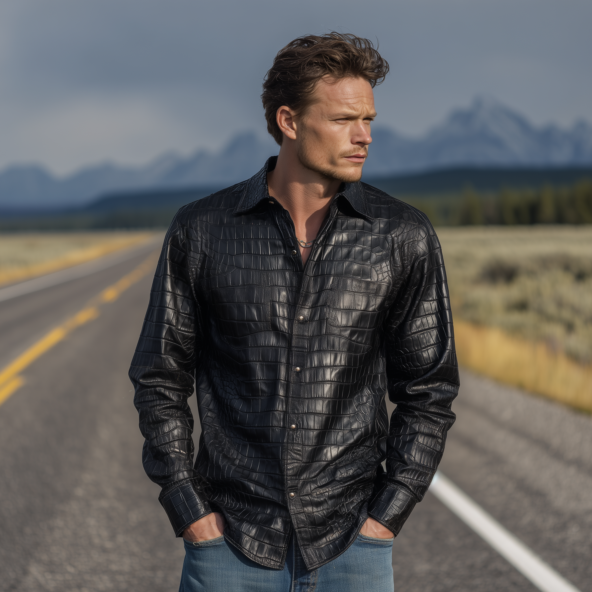 Men's Retro Fashion Textured Leather Long Sleeve Shirt MTA0779H6K