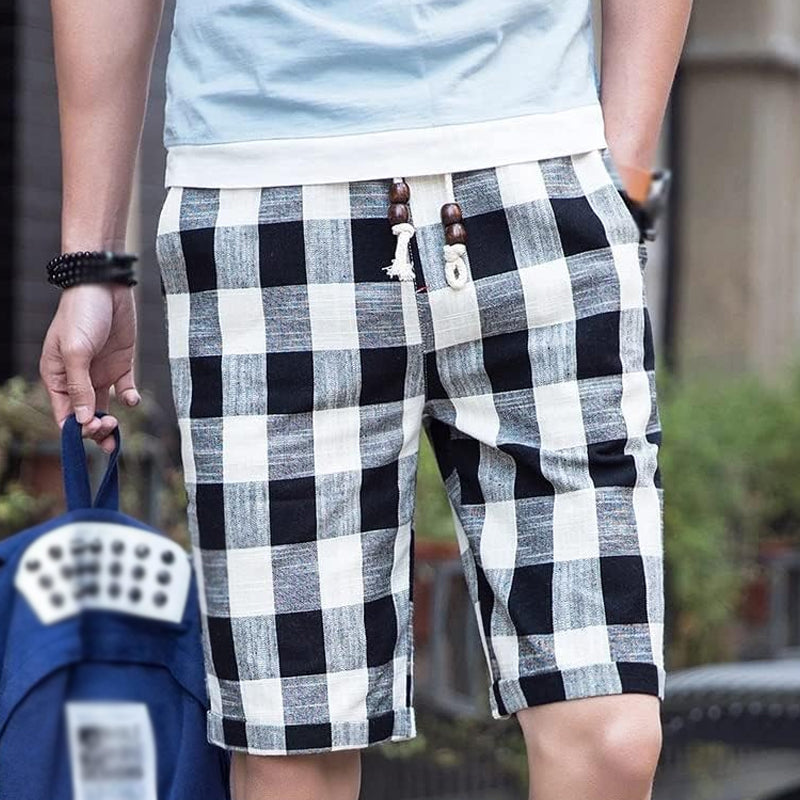 Short droit décontracté en coton et lin à rayures pour hommes, taille élastique, 54118289M