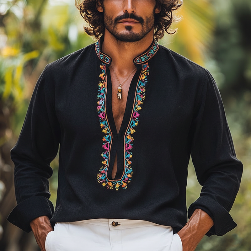 Men's Spring Fashion Embroidered U-neck Faux Suede Long-sleeved Shirt MTZ0837A0P