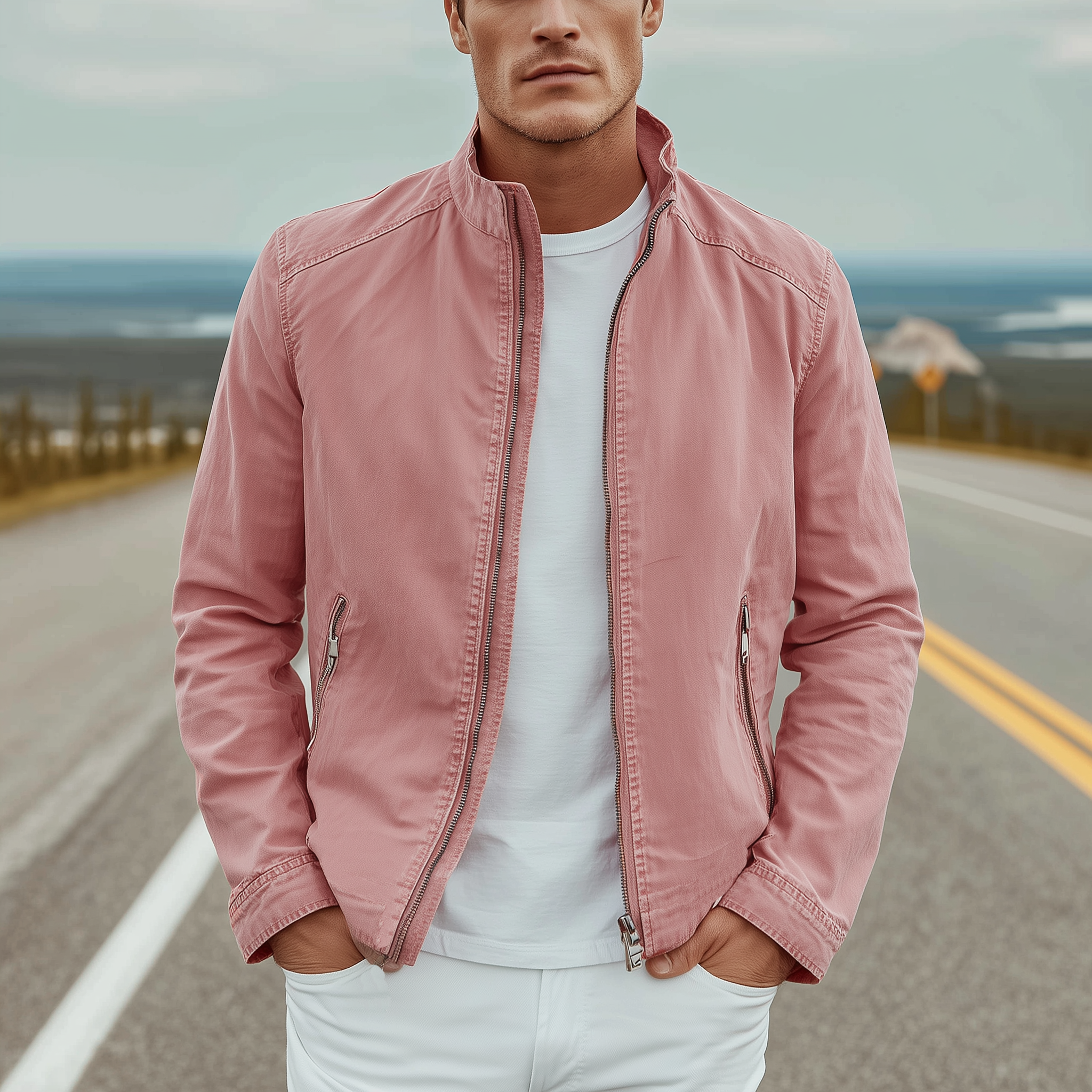 Men's Classic Casual Stand Collar Pink Cotton Blend Zip-Up Jacket MTA1080I6K