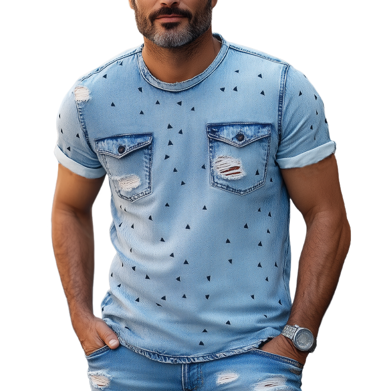 Herre sommer-T-skjorte med rund hals og rippet denim MTA2477F7U
