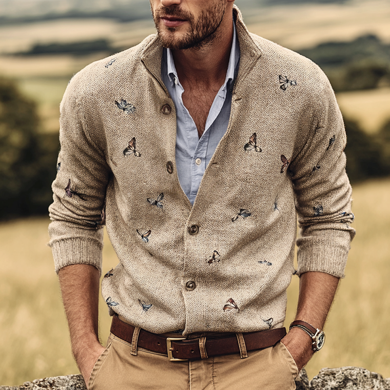 Men's Fashion Butterfly Embroidered Single-Breasted Knitted Cardigan MTA1076I2Z