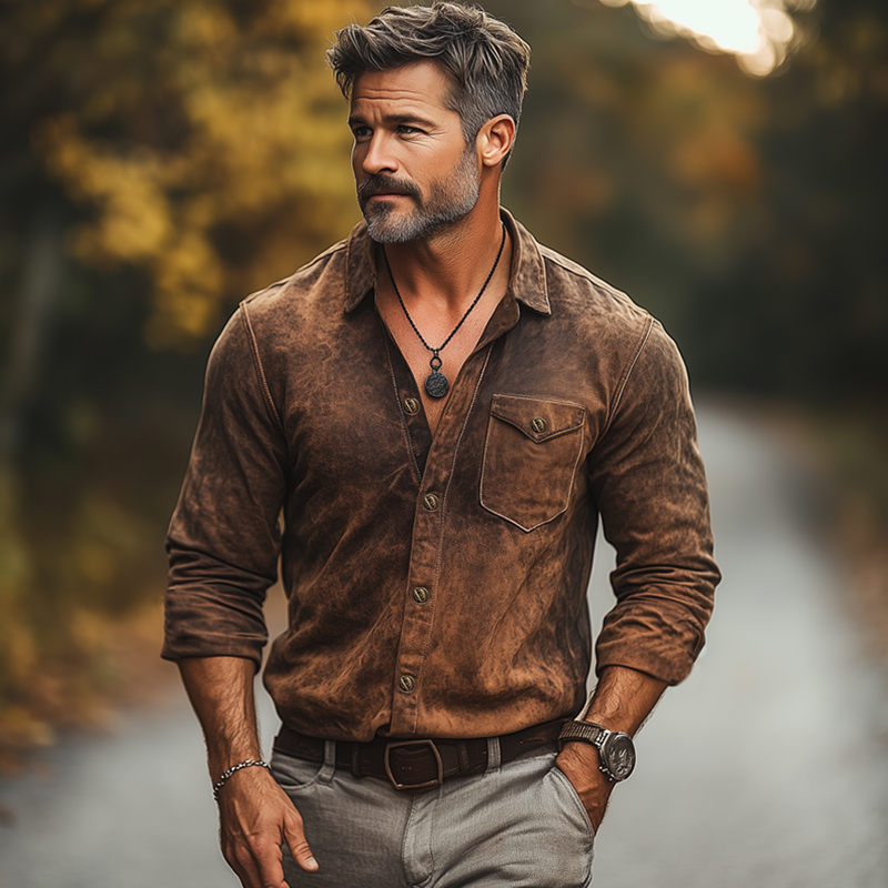 Men's Spring And Autumn Retro Distressed PU Leather Long Sleeve Shirt MTA1303H0U