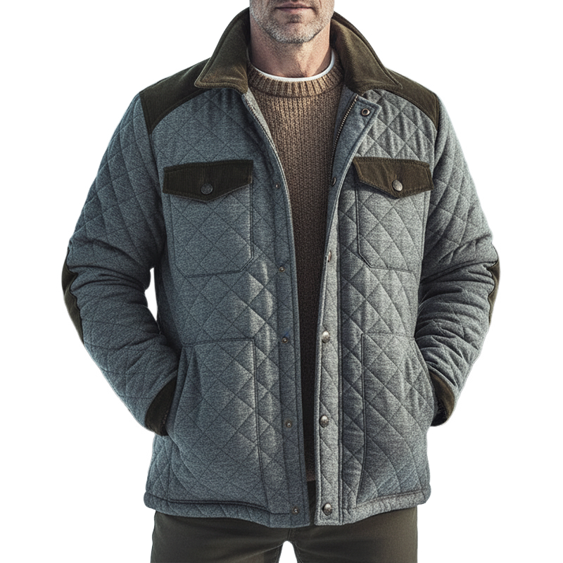 Men's Vintage Casual Diamond Stitching Patch Lapel Hunting Jacket MTA2523I3TO