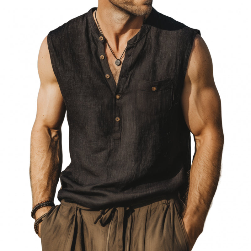Men's Casual Breathable Cotton Linen Button Stand Collar Patch Pocket Loose Sleeveless Shirt MTA2659F5M