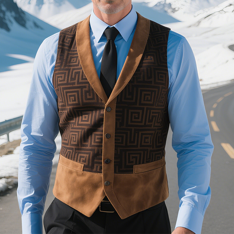 Men's Retro Casual Herringbone Printed Suede Geometric Colorblock Vest MTA2250G6TO