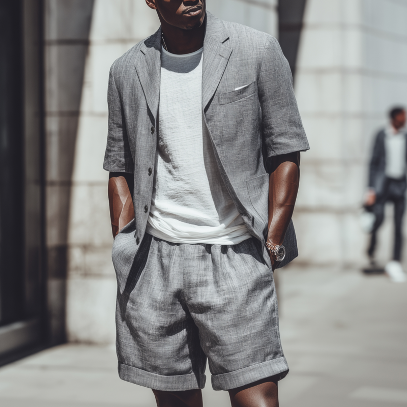 Men's Casual Breathable Cotton Linen Notch Lapel Short-sleeved Blazer Suit Shorts Set (T-Shirt Excluded) MTA1836F9M