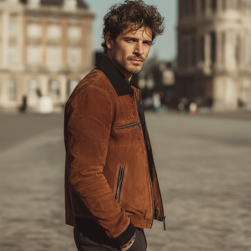 Men's Business Color Block Faux Suede Zip-Up Jacket MTZ0466A0U