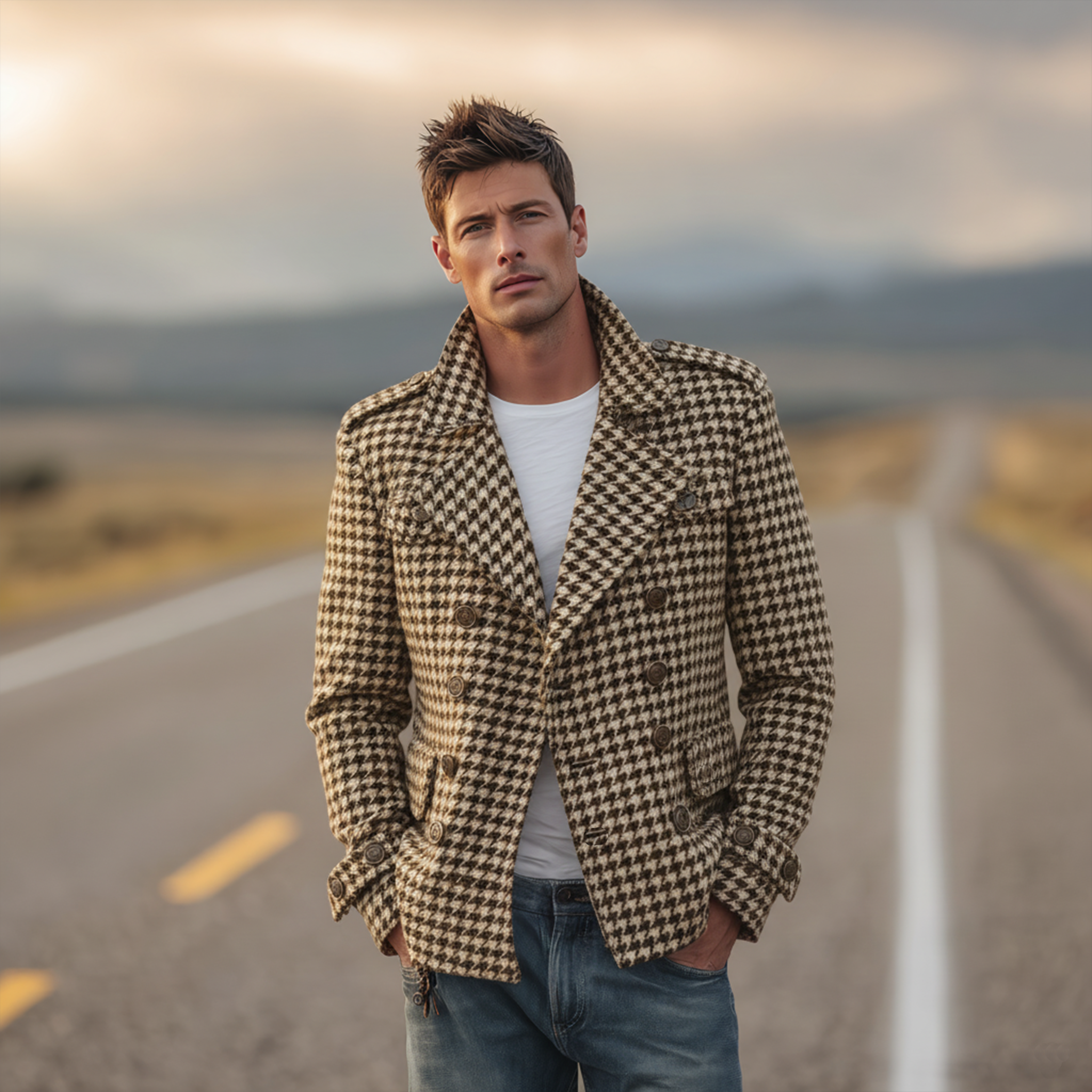Men's Classic Retro Lapel Houndstooth Wool Double-breasted Jacket MTA1701I4K