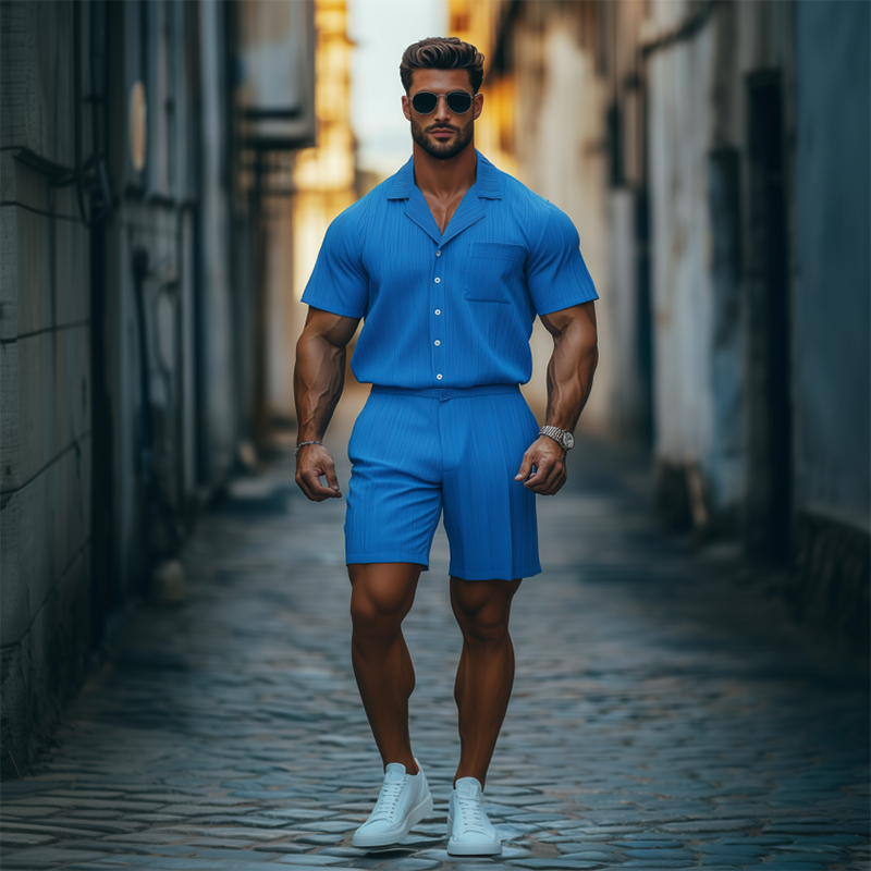 Men's Spring And Summer Fashion Casual Cool Pleated Fabric Short-sleeved Shirt Shorts Set MTA2594F5K