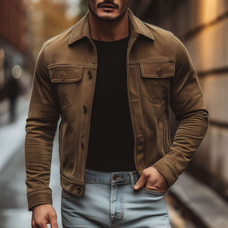 Men's Vintage Solid Color Faux Suede Lapel Single-Breasted Slim Fit Short Jacket MTA0874H3M