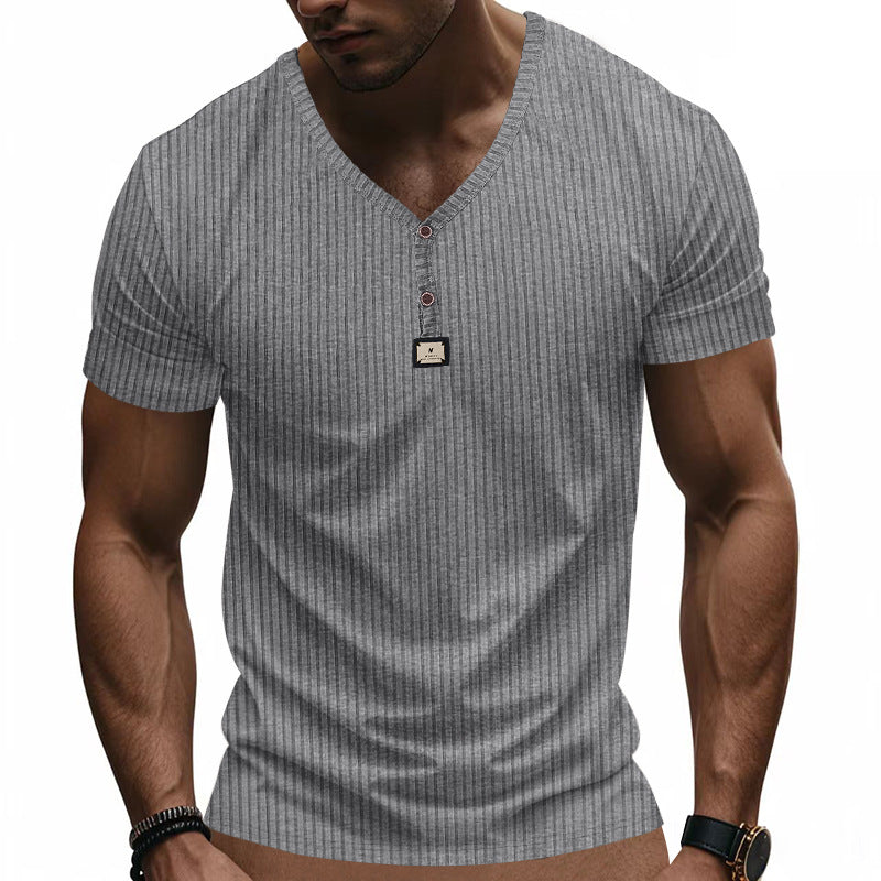 Men's Solid Color Textured Short Sleeve Button-Up T-Shirt MTA0623E4X