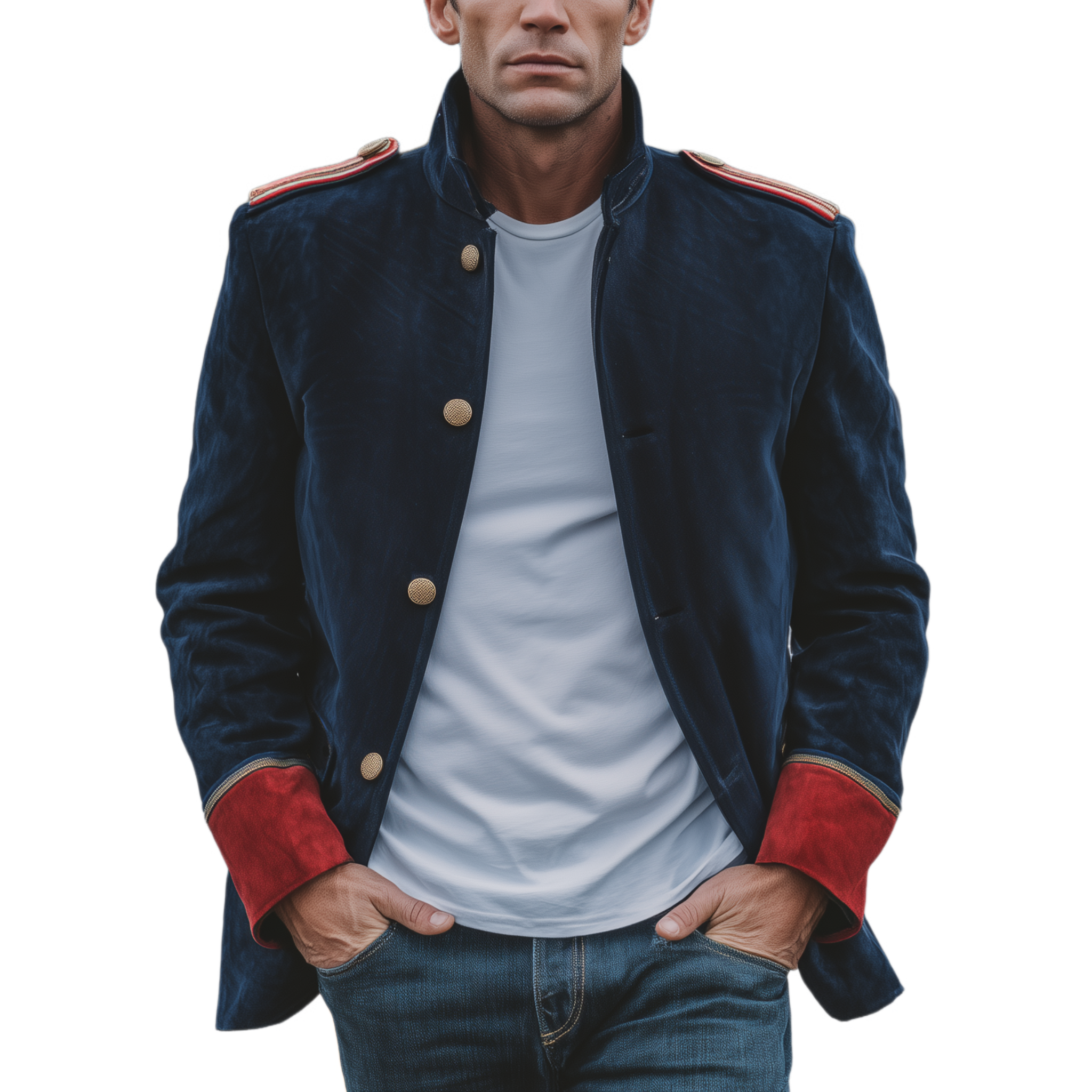 Men's Classic Retro Stand Collar Epaulette Contrast Color Suede Jacket MTA2750H4K