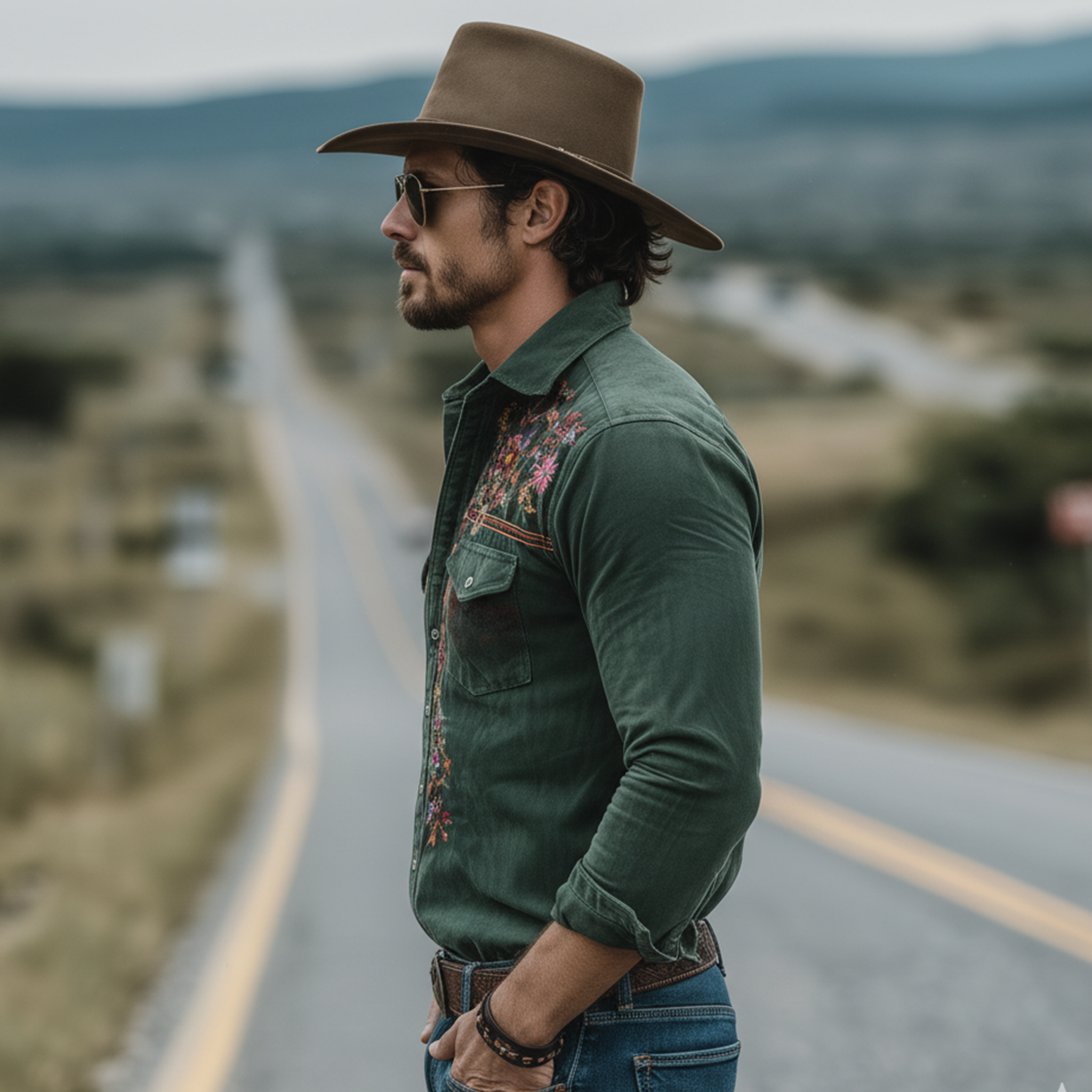 Men's Classic Retro Western Style Embroidered Faux Suede Slim Fit Long-Sleeve Shirt MTA0189L7K