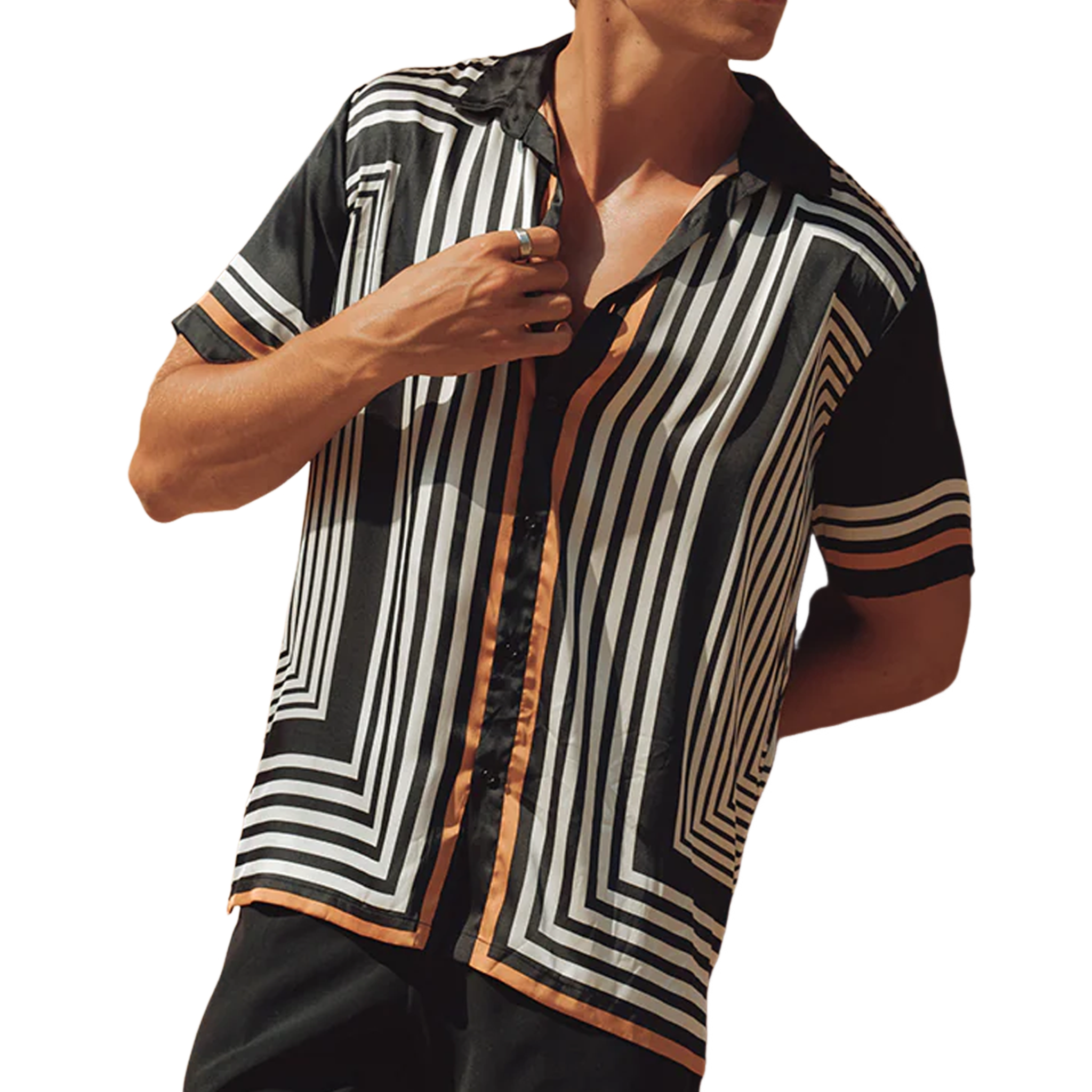 Men's Retro Casual Contrast Stripe Printed Satin Short Sleeve Shirt MTA2177G6K