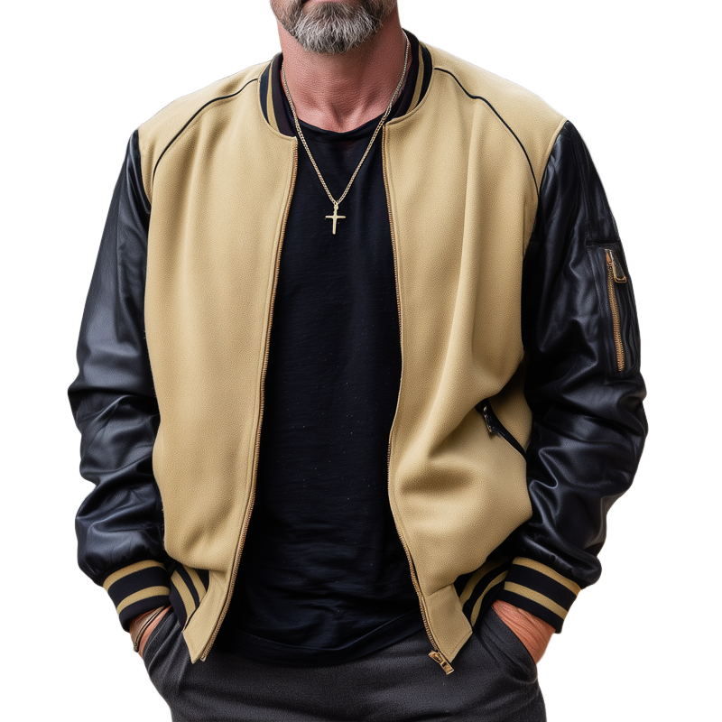 Men's Vintage Cotton And PU Leather Zippered Baseball Jacket MTA1912H8U