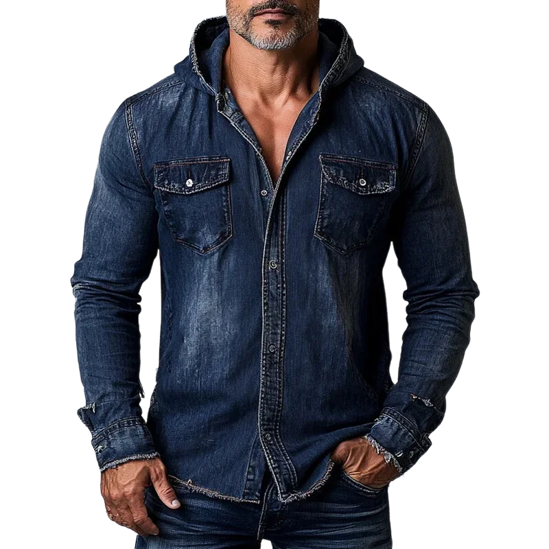 Men's Fashion  Sanding Distressed Hooded Chest Pocket Denim Shirt 54751170Z